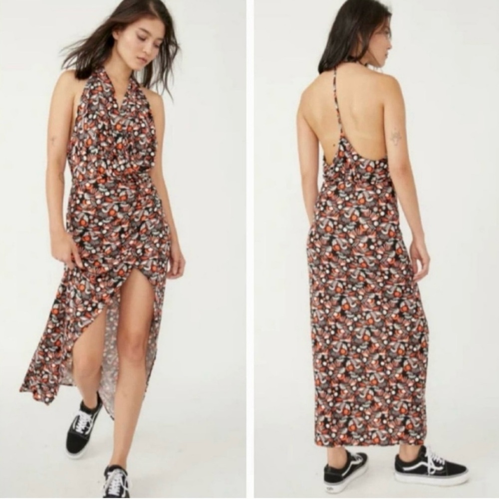 NWT FREE PEOPLE | Daria Maxi Orange Black Knit T Back Front Slit Dress Sz. Large